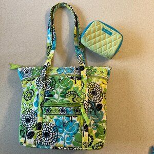 Vera Bradley Tote Shoulder Bag and Cosmetic Case Limes Up! EUC